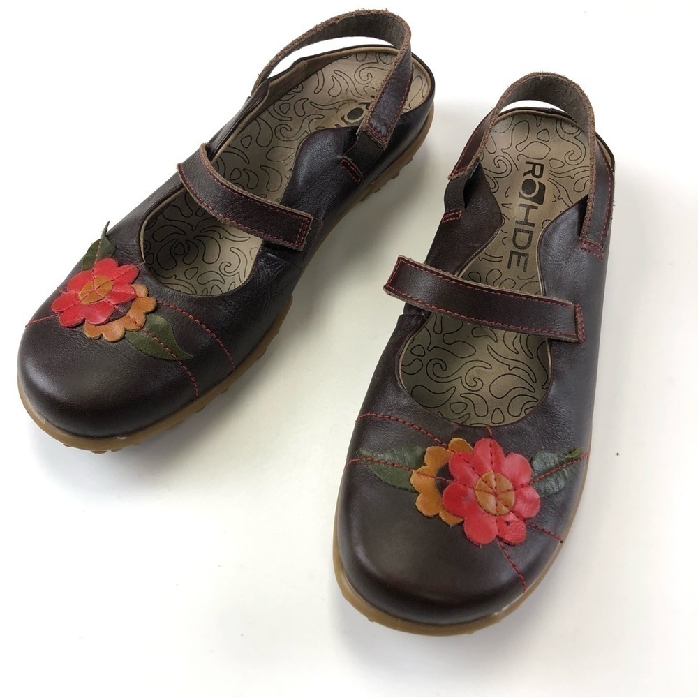 Rohde brown leather flower appliqué maryjane sling back comfort shoe Size 7